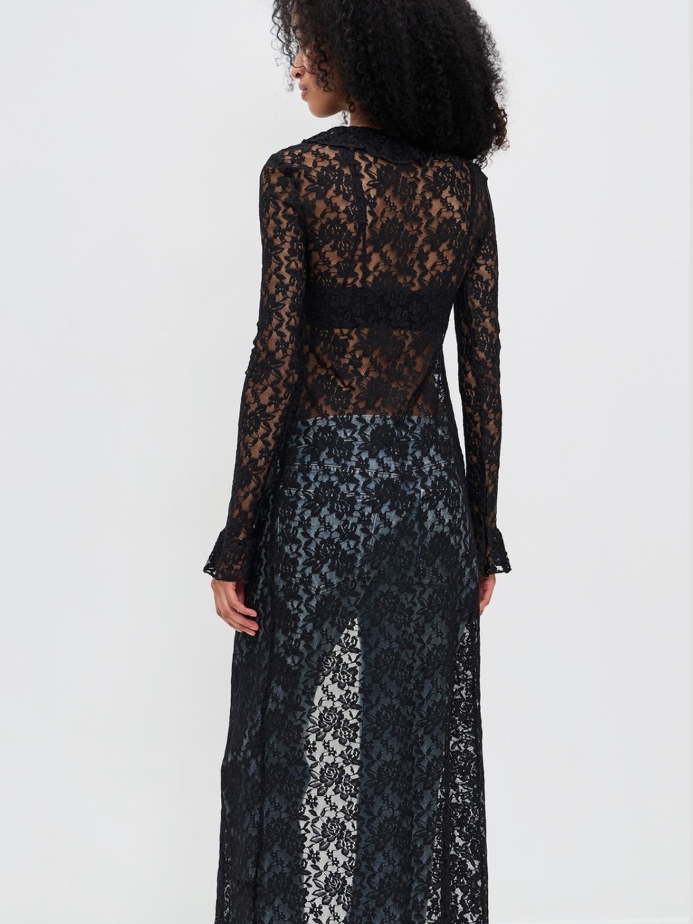 Black Lace Longline Robe - Sheer Ruffle-Trim Intimate - Picture 2 of 4